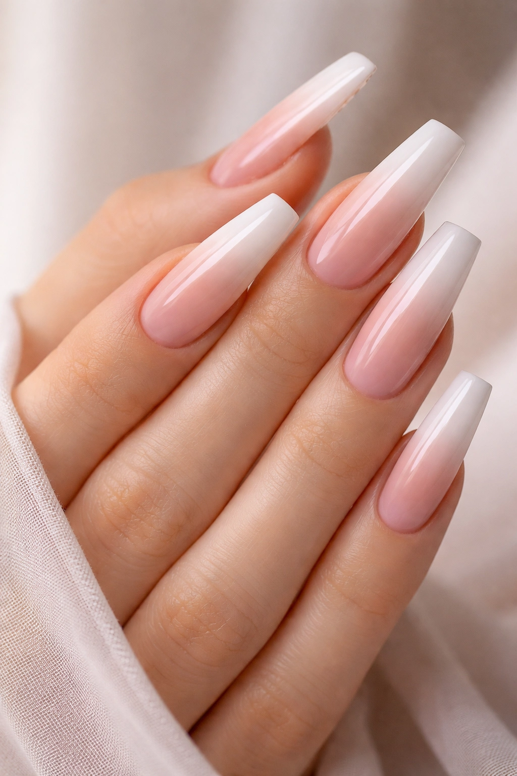 Close-up of long coffin nails with pink-to-white soft gradient ombré