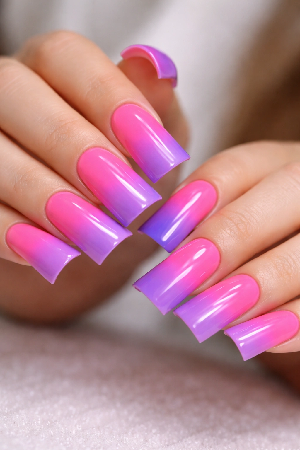 Close-up of gradient ombre duck nails from pink to purple on hands