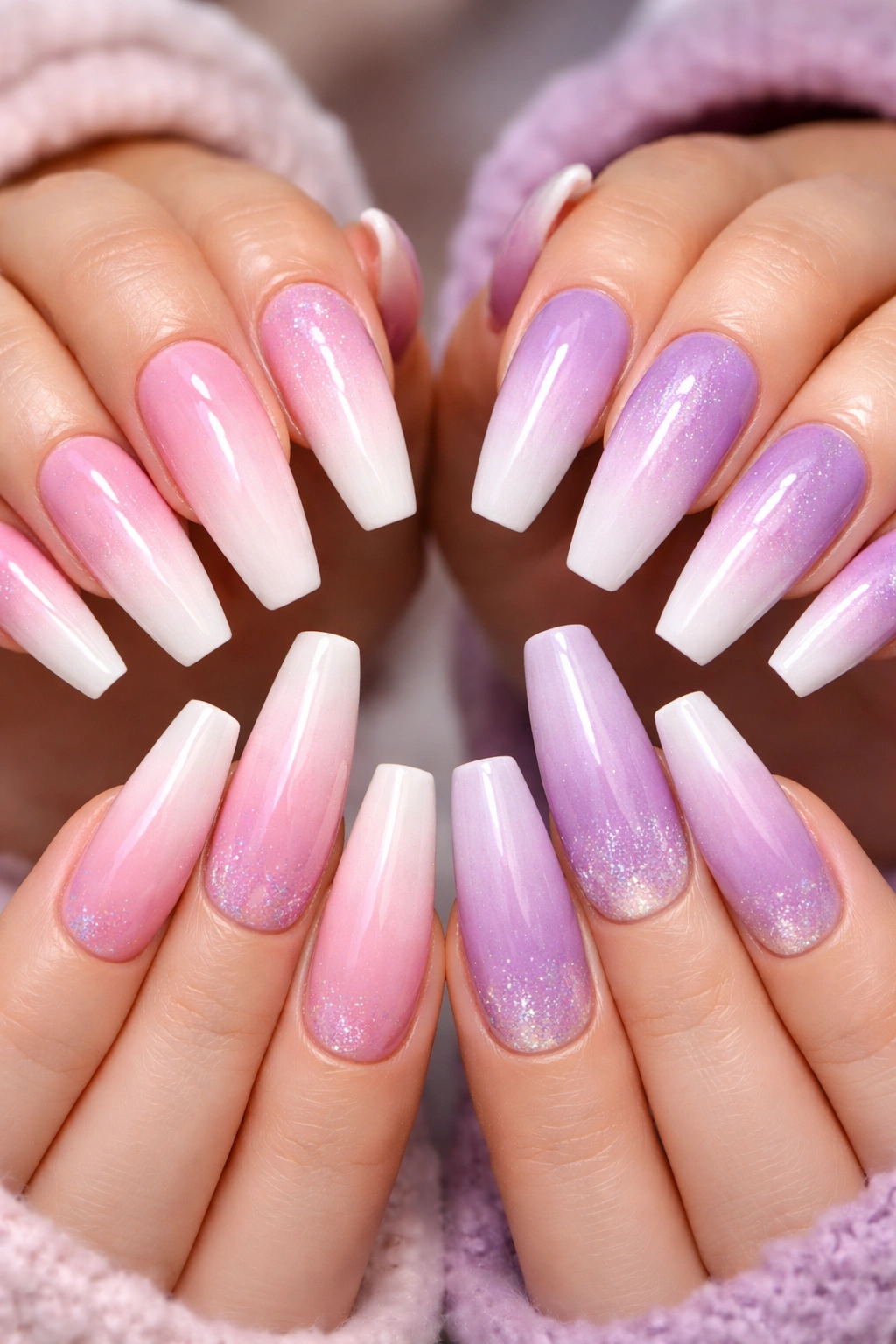 Long nails with pink-to-white and purple-to-white ombre fades