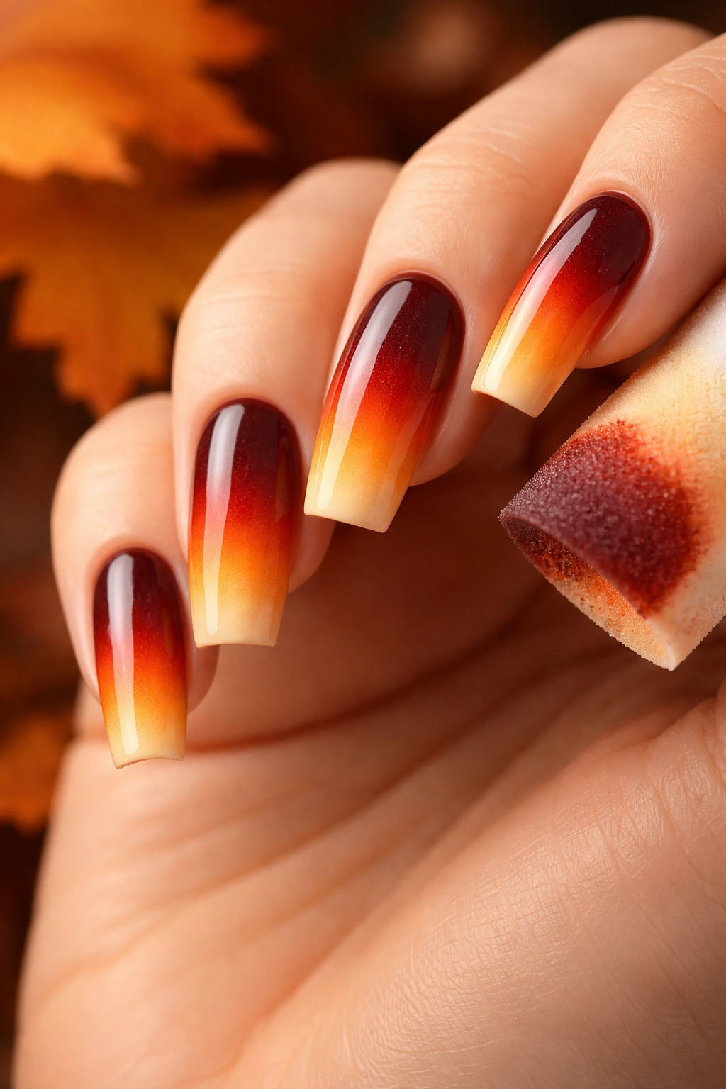 Close-up of gradient ombré nails blending burgundy to orange