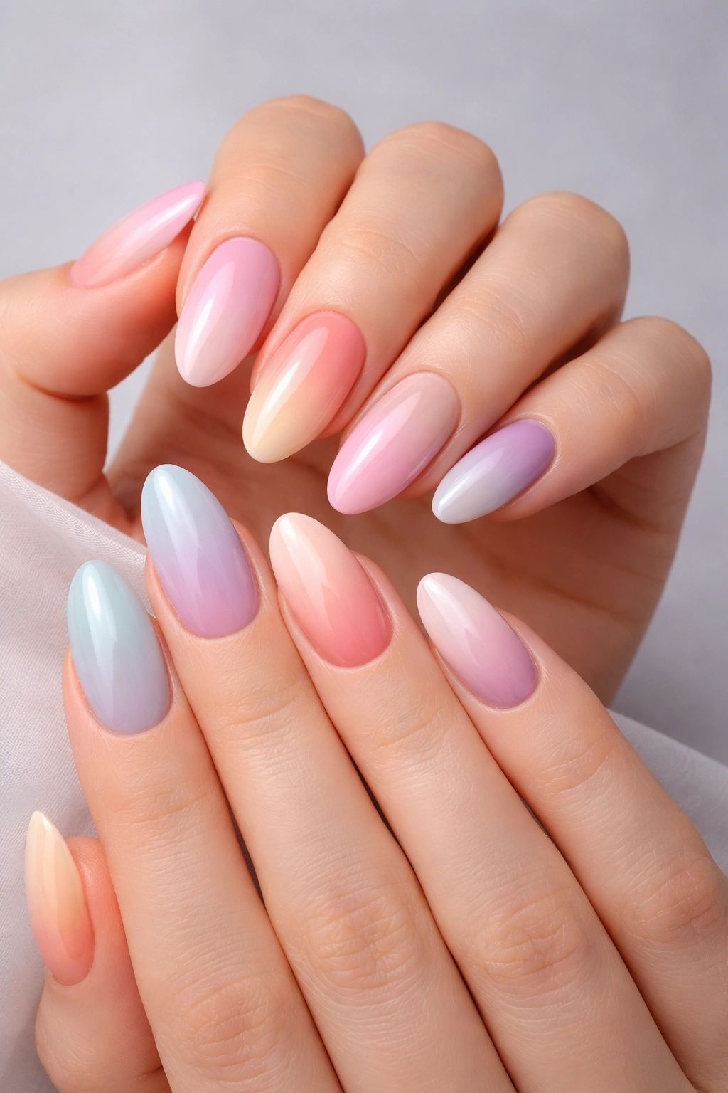 Close-up of nails with seamless gradient ombré across the set