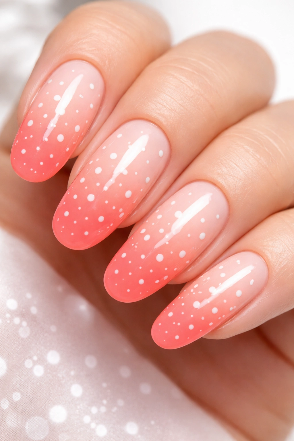 Close-up of long round nails with peach to coral gradient and white dots