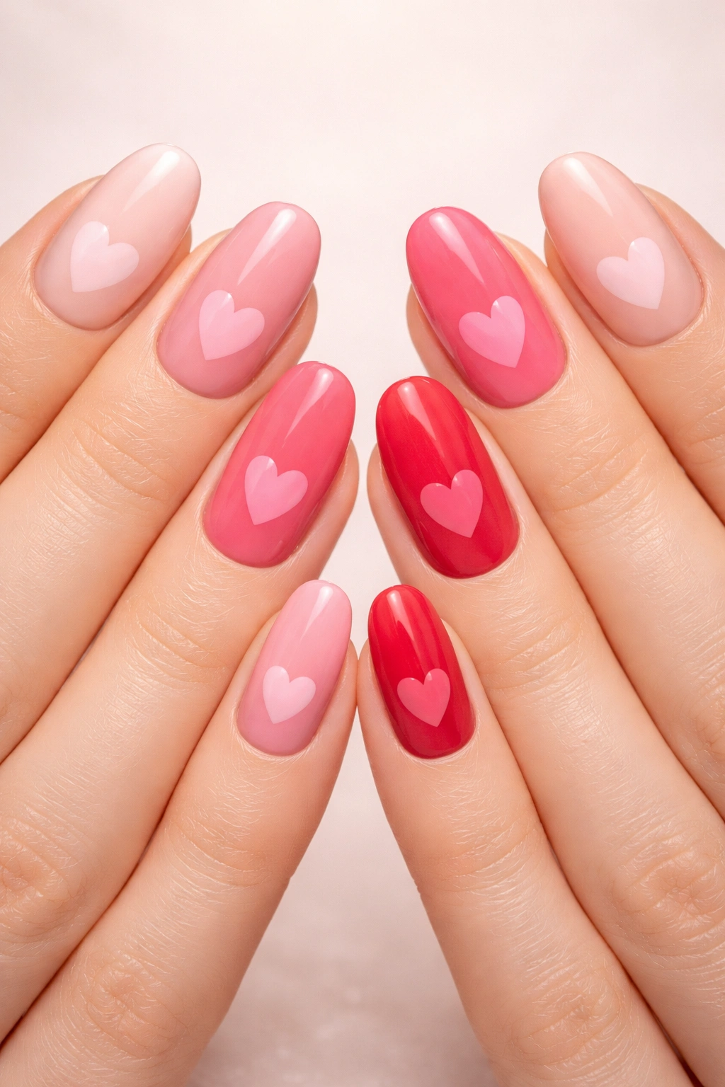 Five nails in a gradient pink palette with hearts on each nail