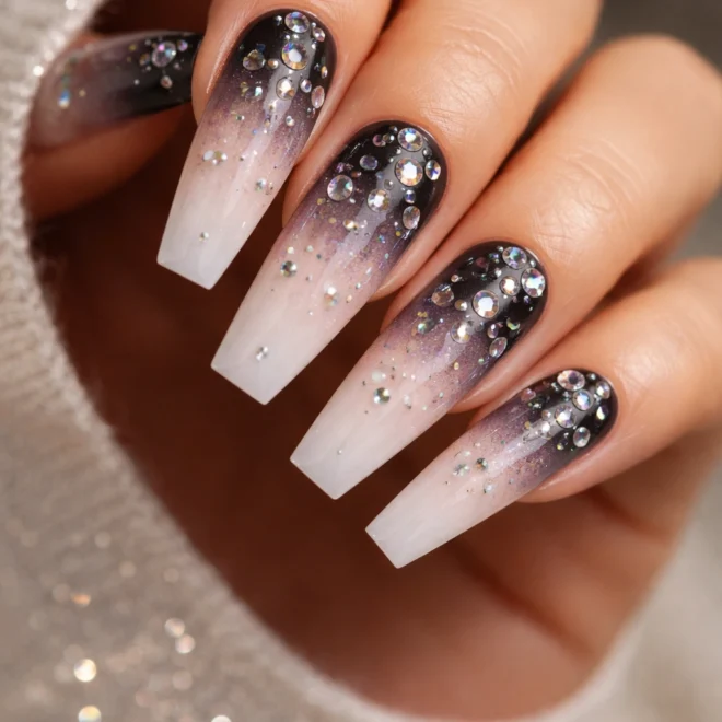 18 Long Coffin Nails With Rhinestones