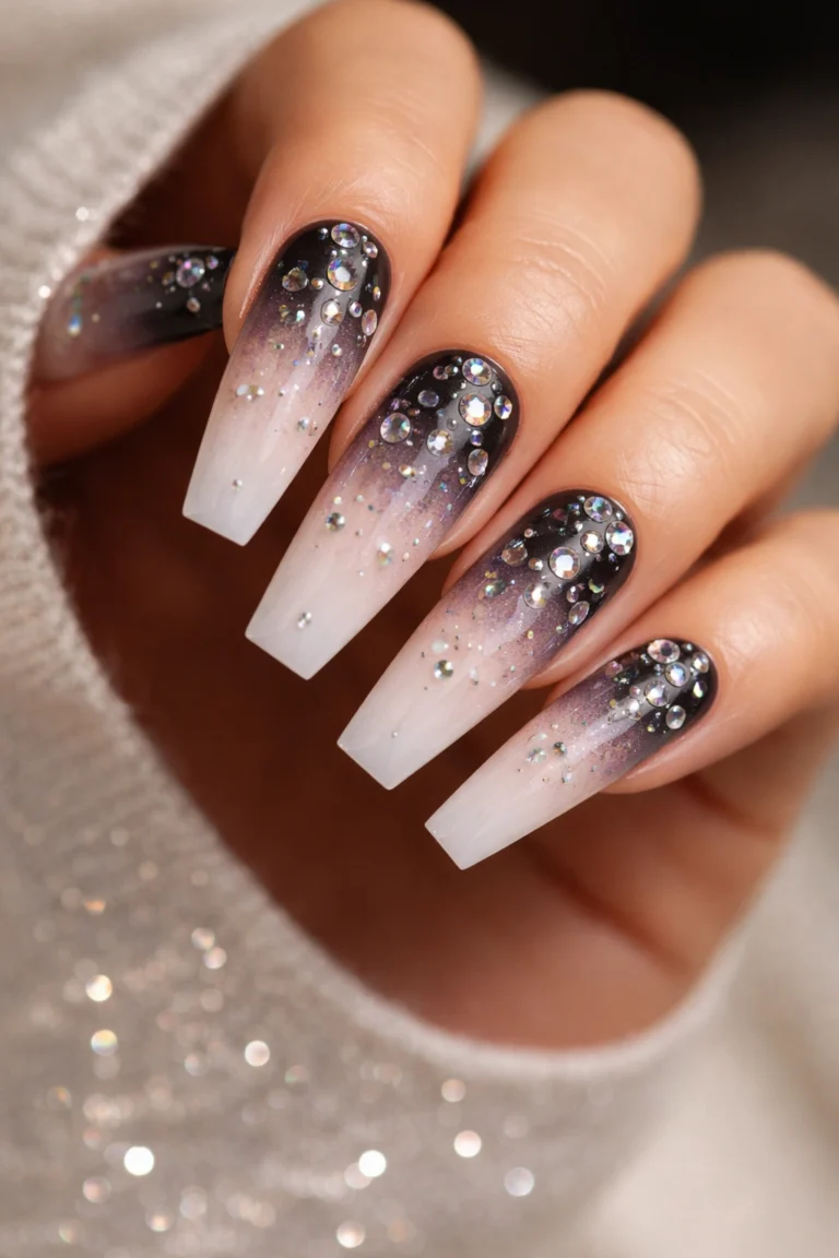 18 Long Coffin Nails With Rhinestones