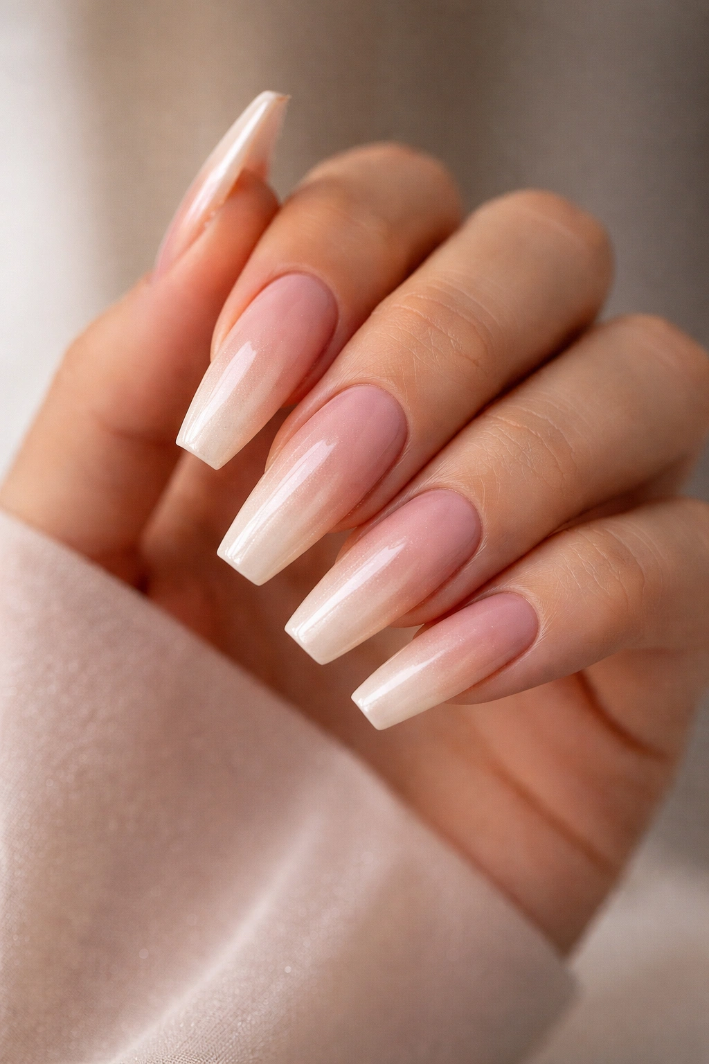 Coffin nails with gradient ombre to nude tips on a bare hand