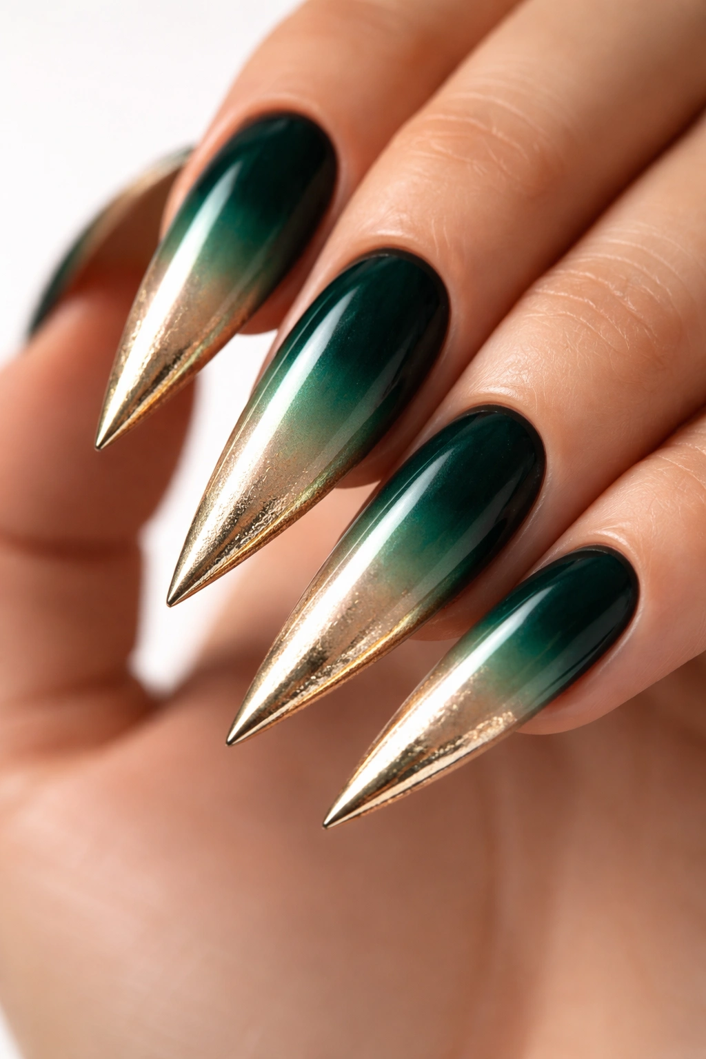 Close-up of stiletto nails with emerald-to-champagne gradient and metallic foil edge.