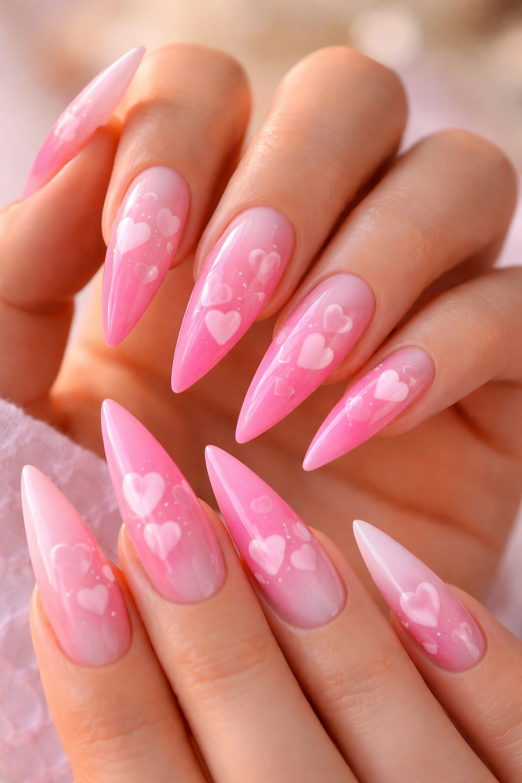 Gradient pink stiletto nails with layered hearts across the gradient