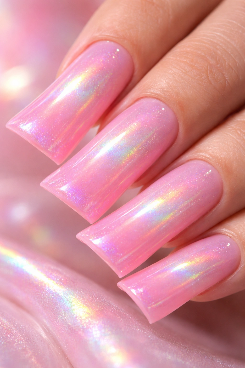 Duck nail with pink gradient and holographic accents