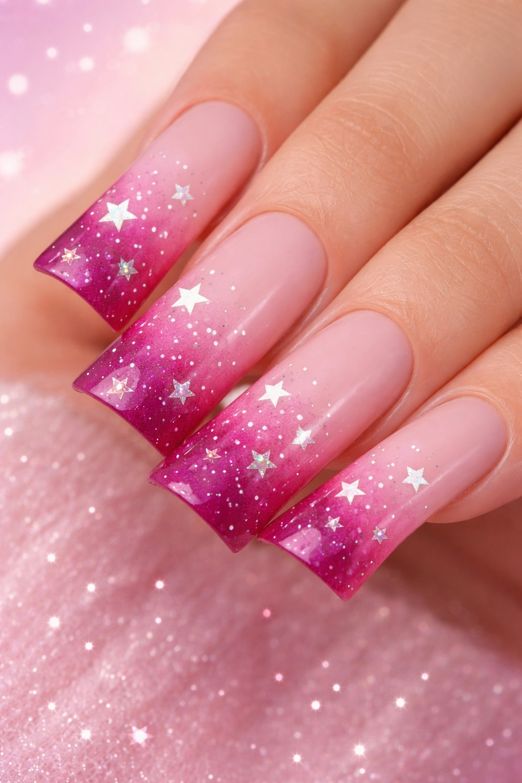 Nails with pale pink to magenta gradient and star accents