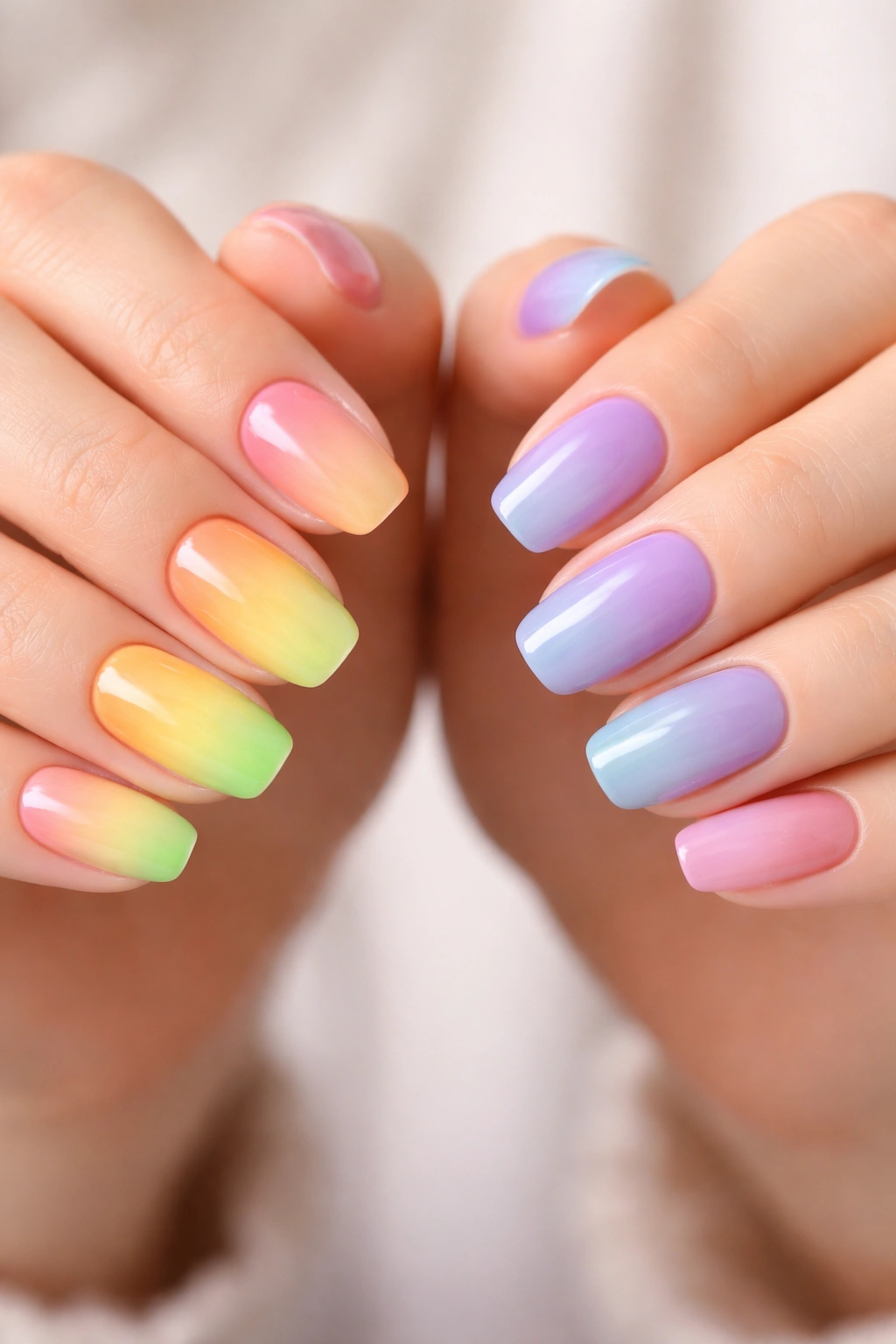 Nails with gradient rainbow manicure on two hands