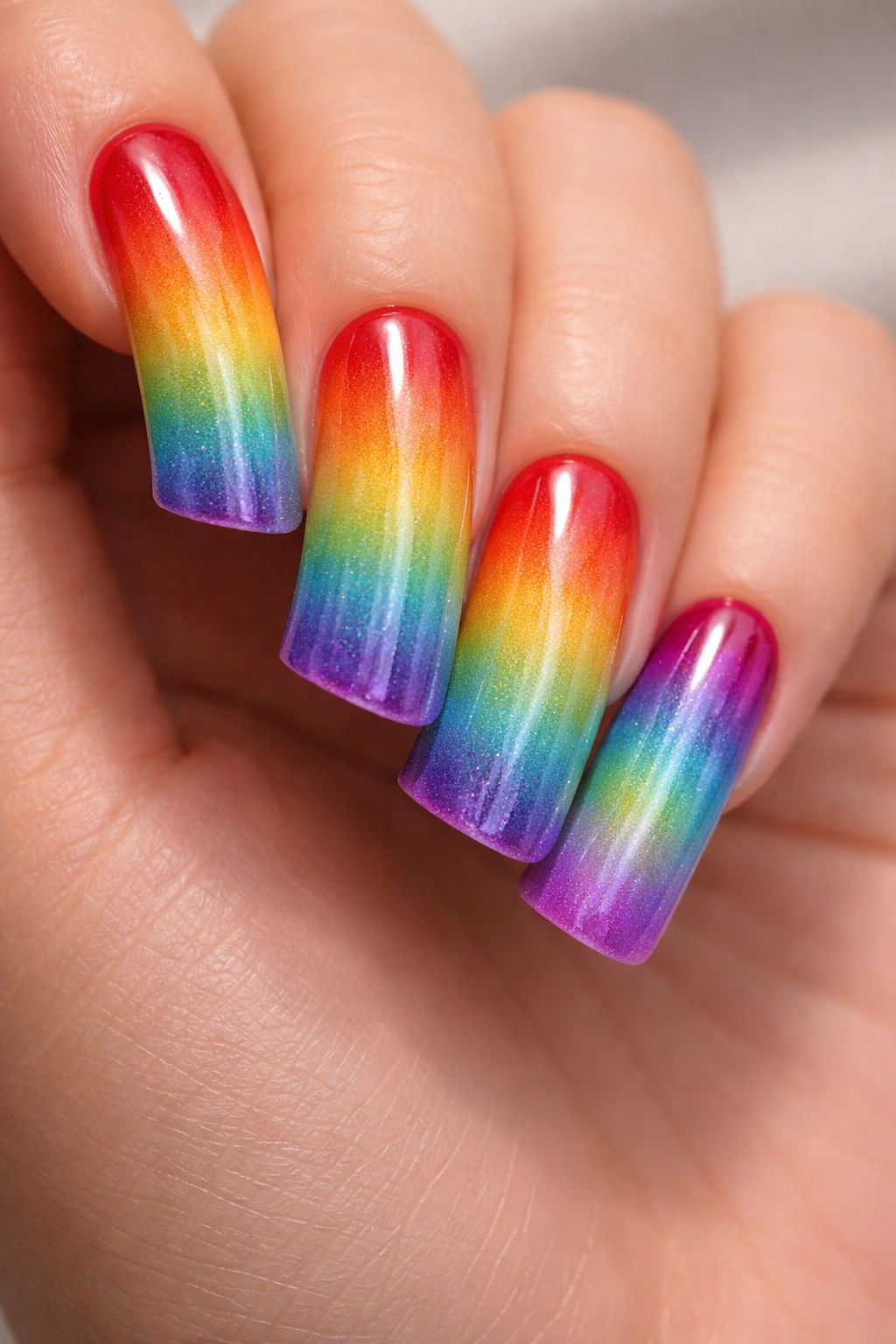 Close-up of gradient rainbow ombre on elongated duck nails with glossy finish