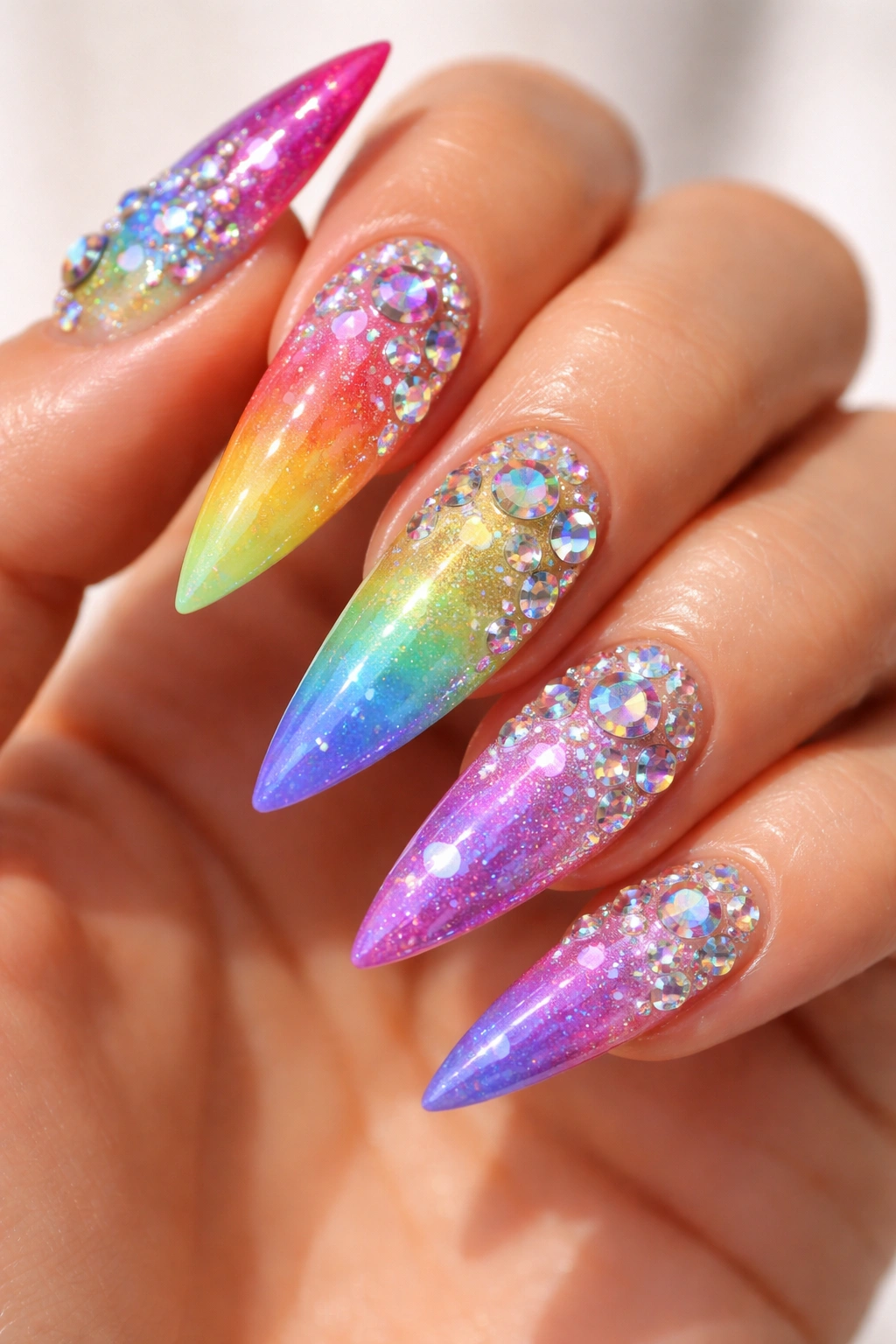Nails with rainbow gradient and prismatic rhinestones for a colorful sparkle