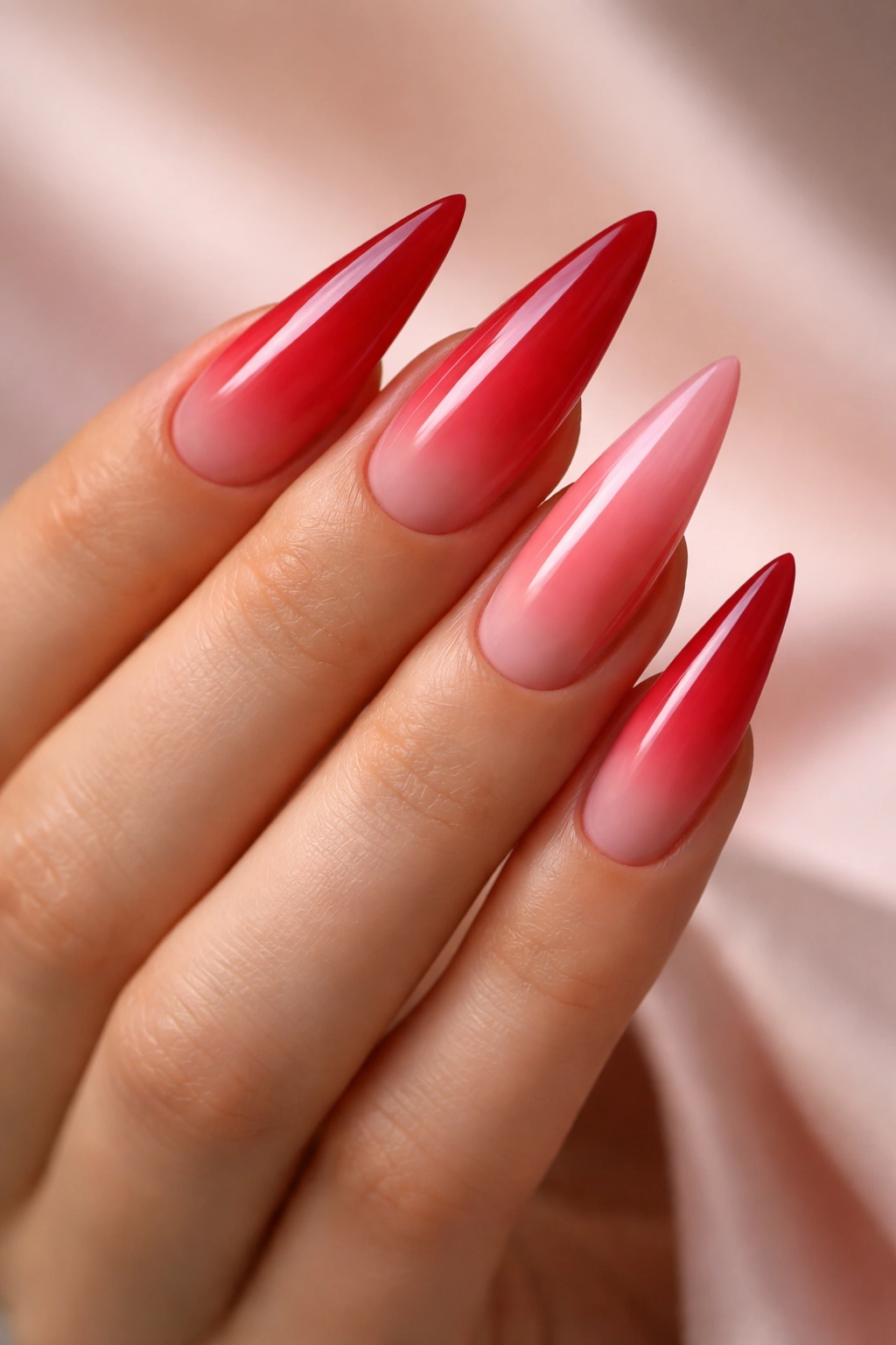 Nails with a smooth red to blush pink gradient for a romantic prom look.