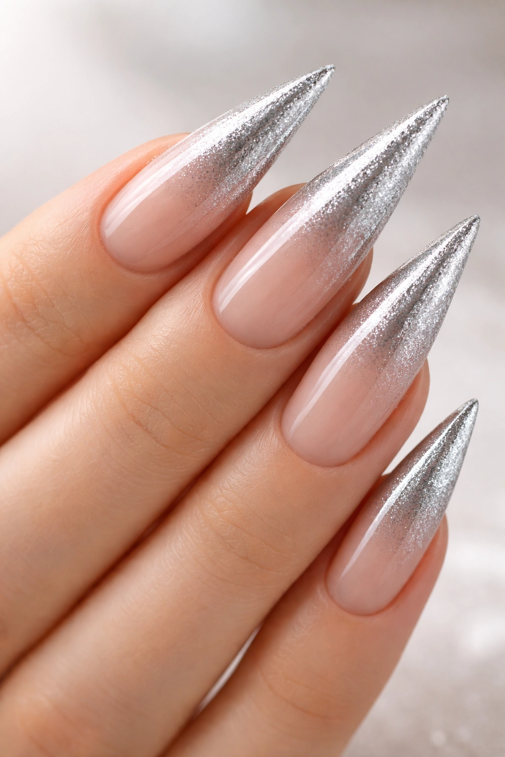Gradient silver to nude stiletto nails