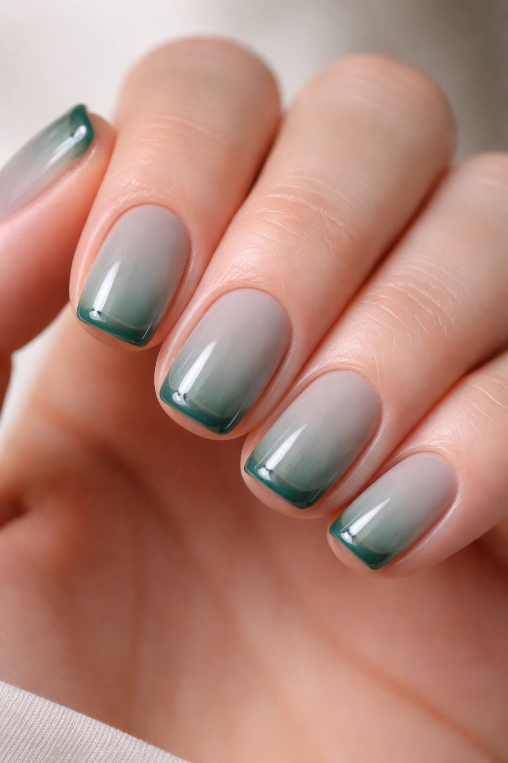 Close-up of short squoval nails with gray-green base, pine tips, and jade edge