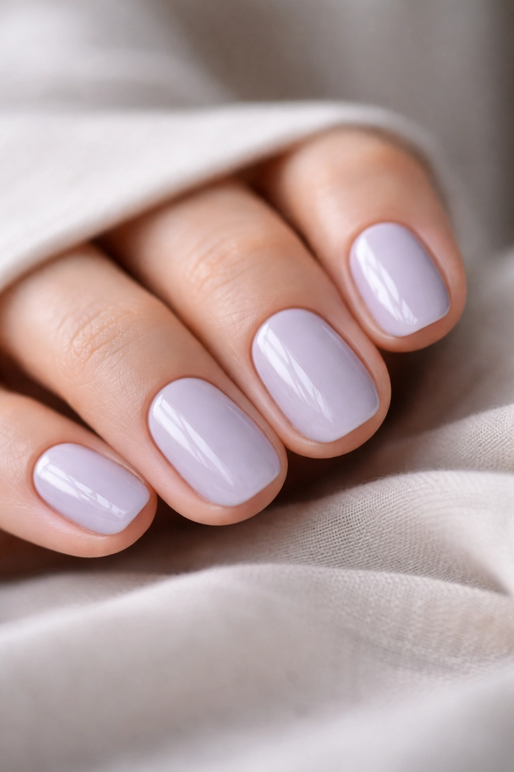 Close-up of short oval nails in soft gray-lavender