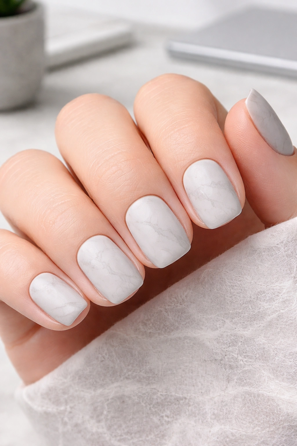 Close-up of pale gray marble nails with faint veining for a refined office look
