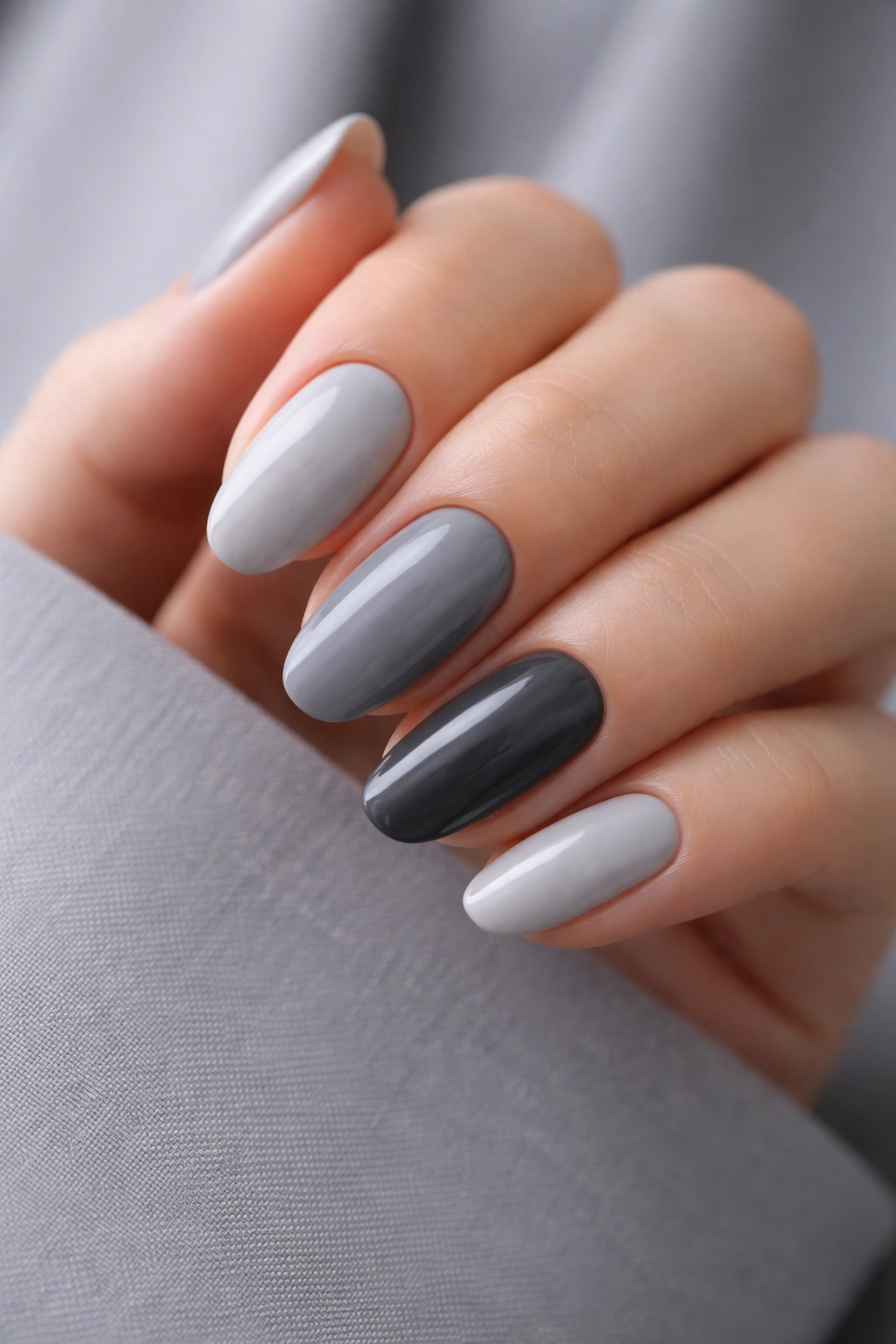 Close-up of nails in soft gray to charcoal tones on neutral background