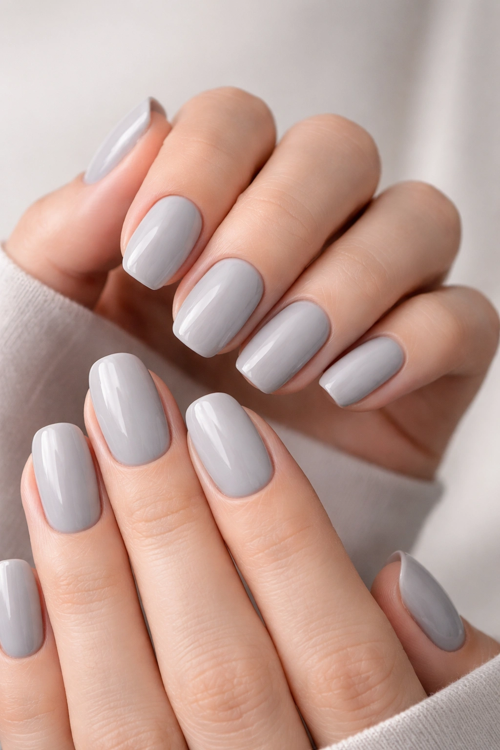 Close-up of hands with soft gray nails