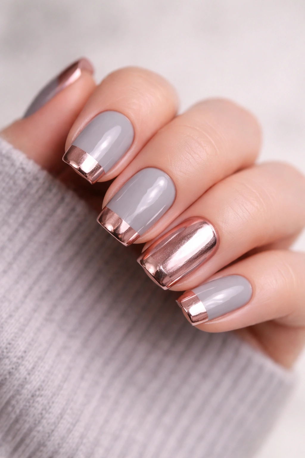 Close-up of cool gray nails with rose gold chrome detail on tips