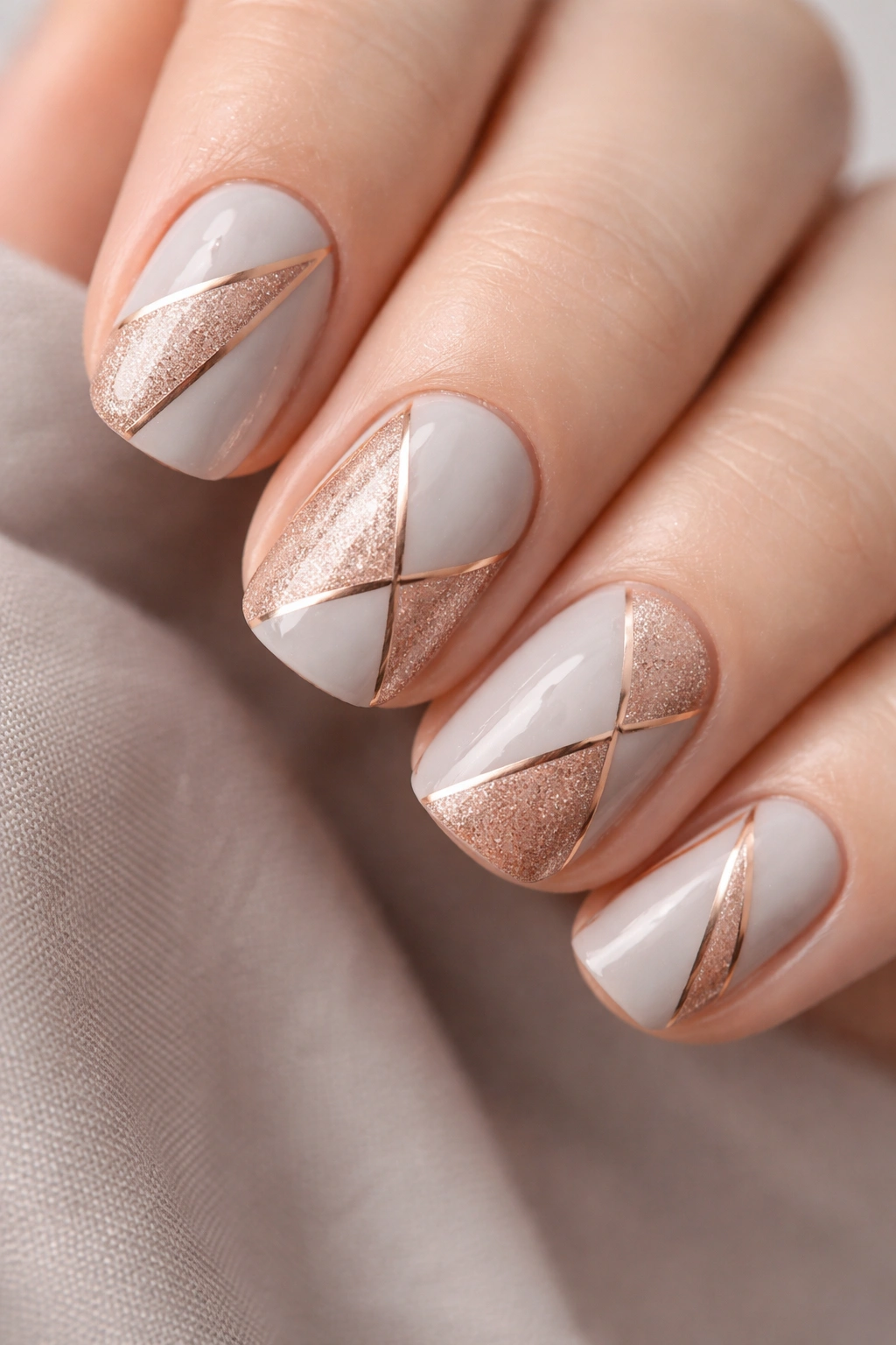 Close-up of gray nails subdivided by rose gold lines forming geometric patterns