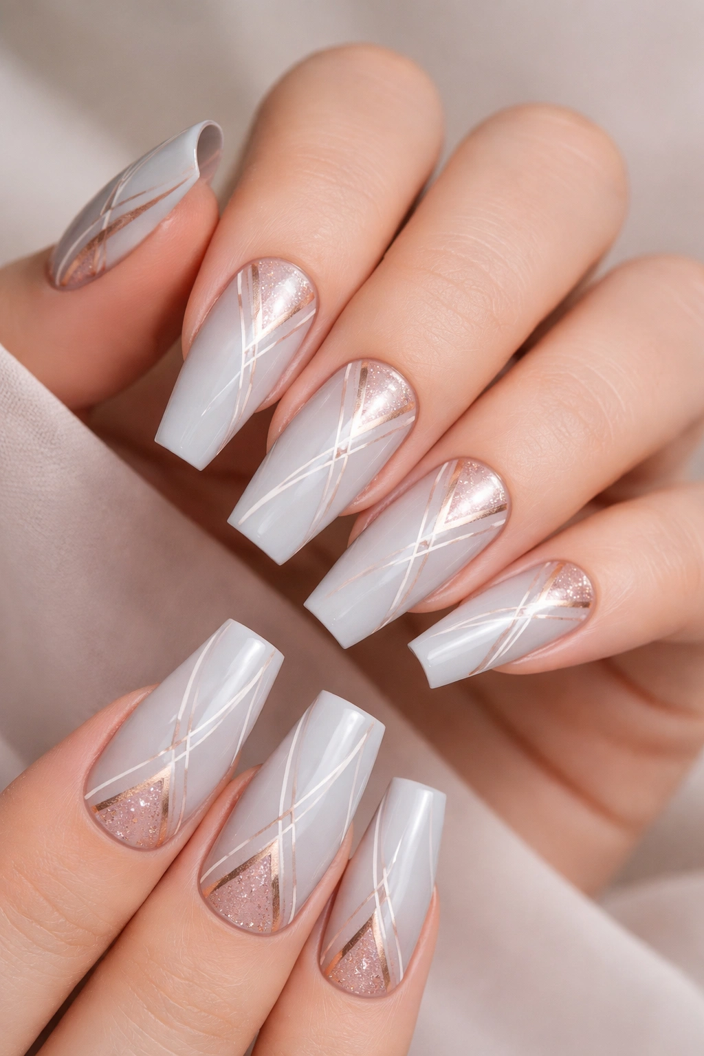 Close-up of soft gray coffin nails with rose gold and white geometric lines on a clean background