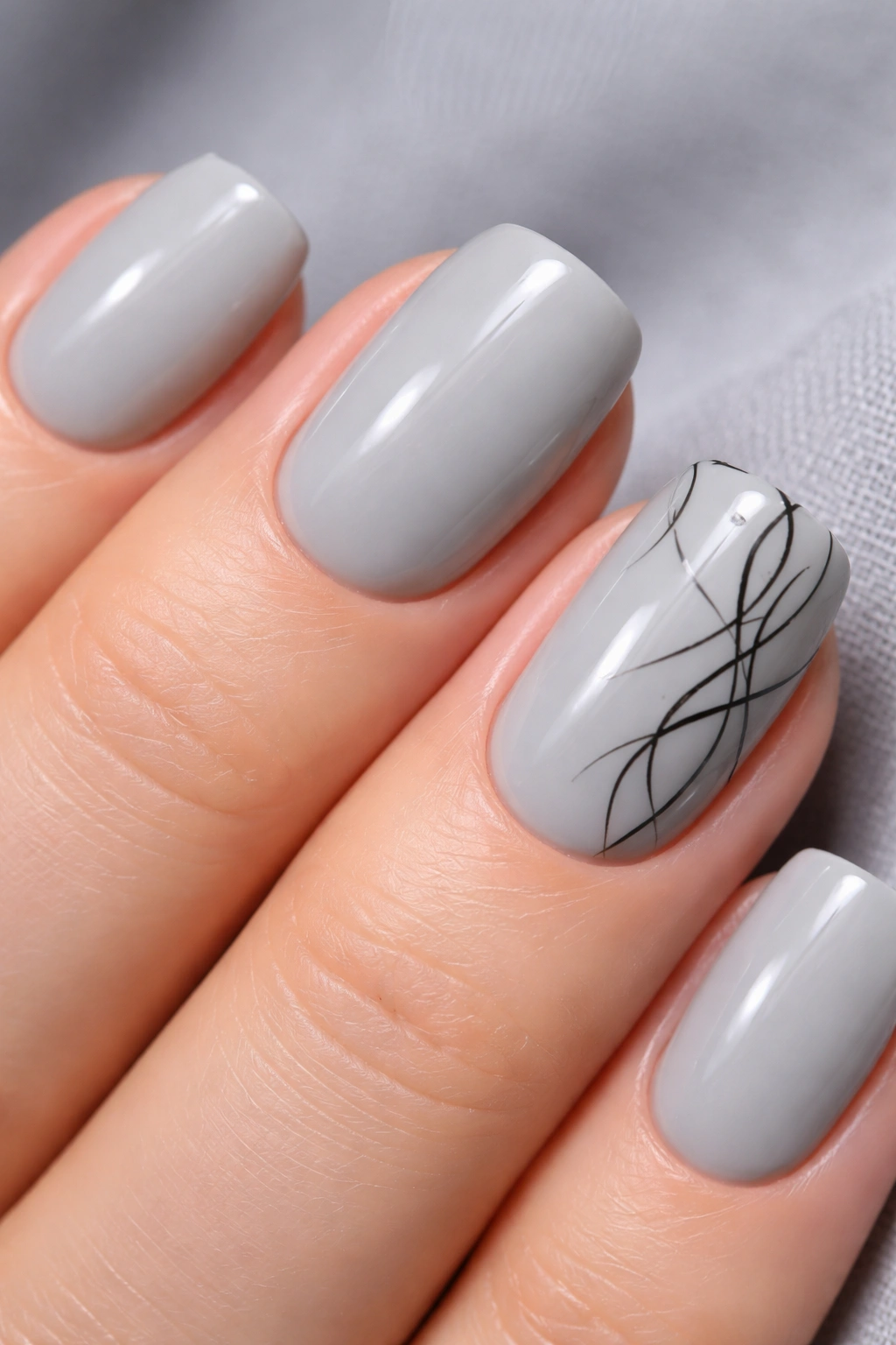 Soft gray nails with delicate black script-like linework on an accent nail