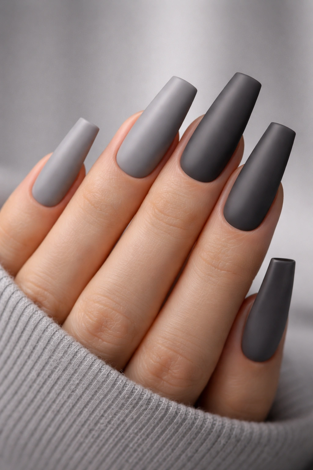 Close-up of long square gray acrylic nails on a hand with alternating slate gray shades and matte finish.