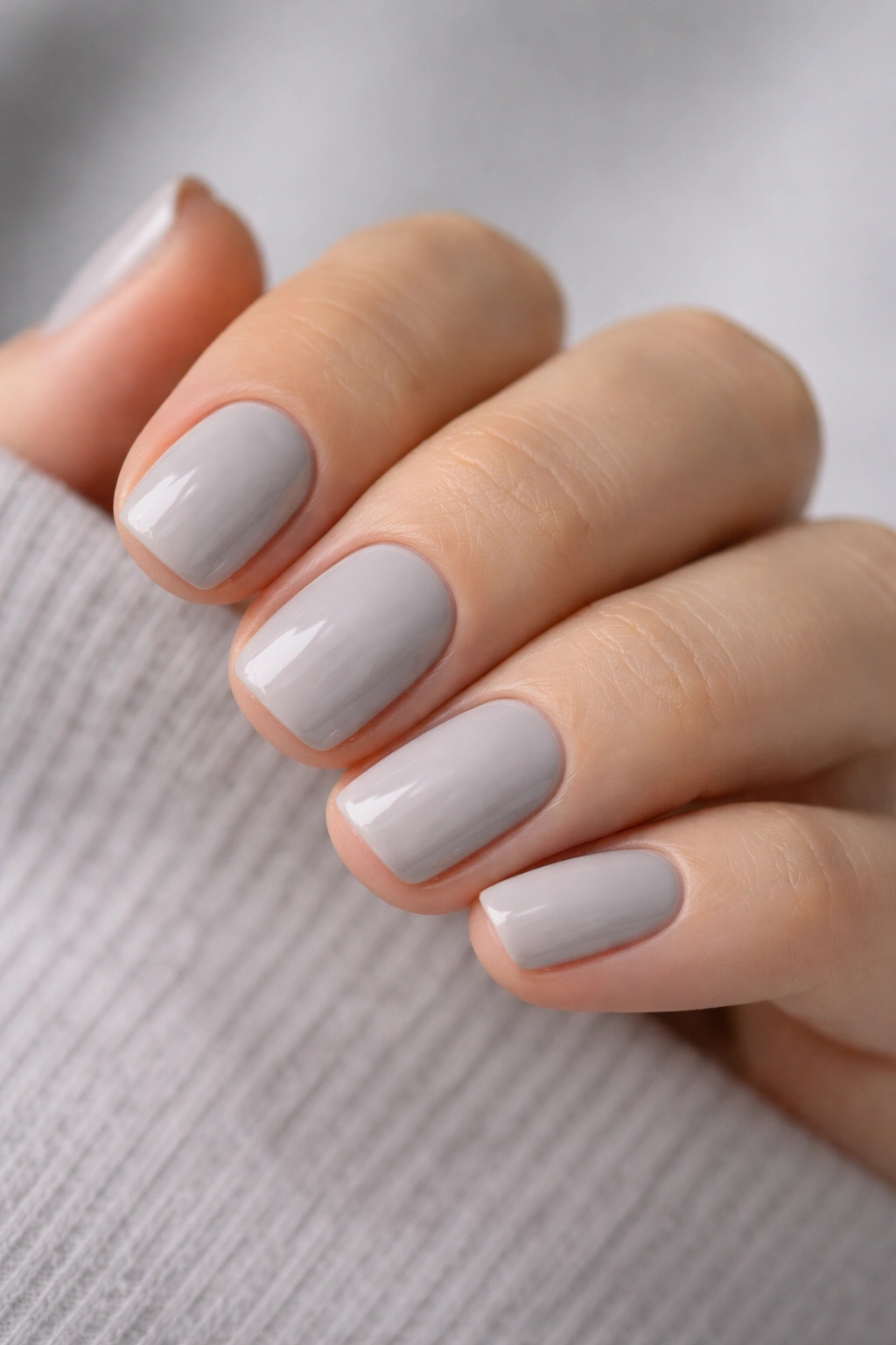 Close-up of cool gray-toned nude nails on short squoval nails with glossy finish