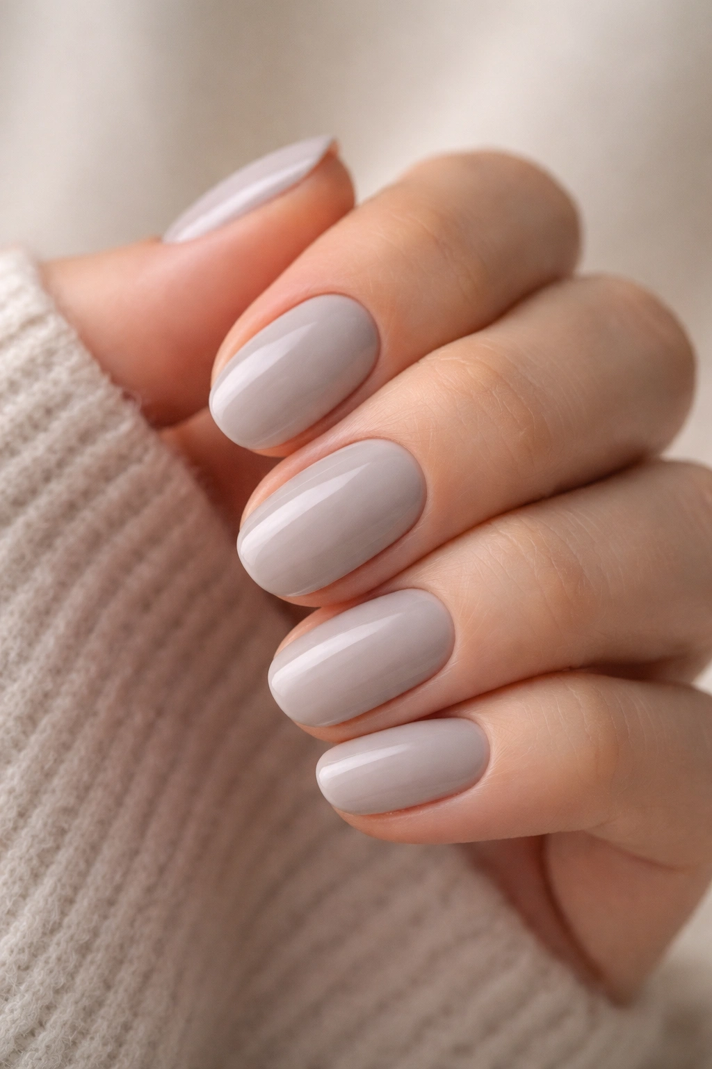Close-up of short gray nude oval nails on a bare hand with a clean background