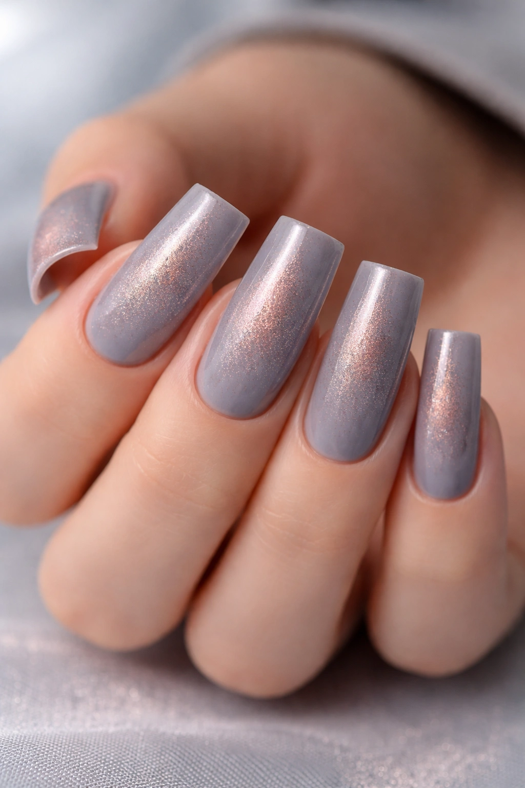 Medium duck nails with cool gray base and rose gold shimmer