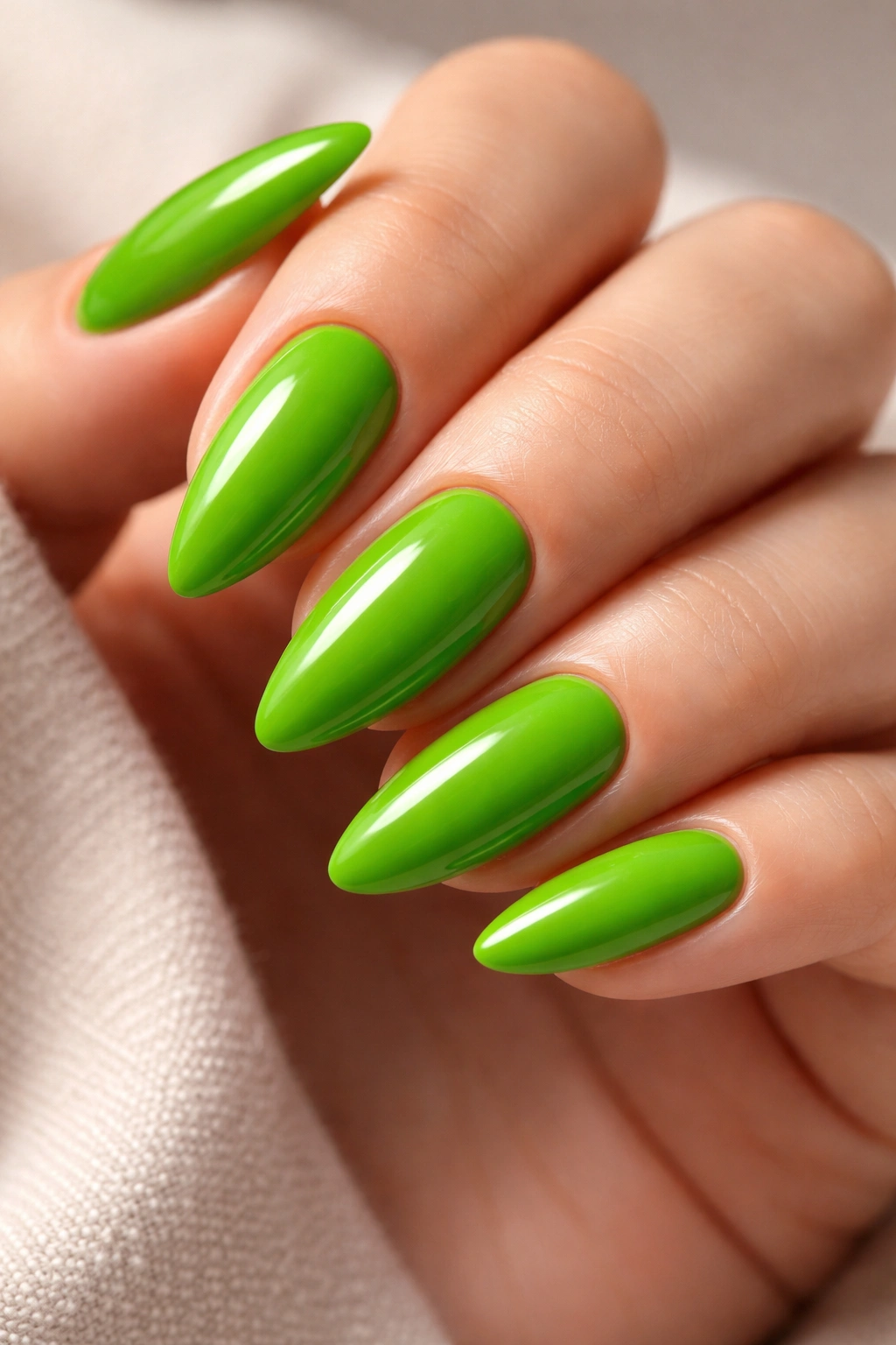 Close-up of vivid green almond nails.
