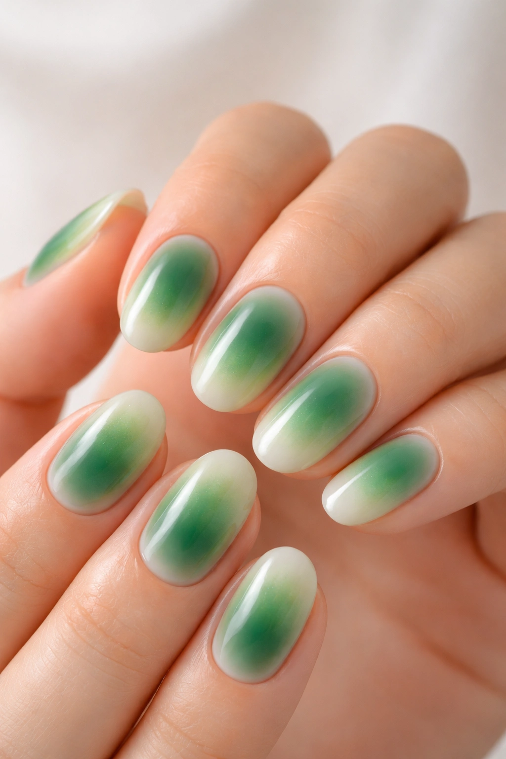 Short oval nails with green aura gradient showing soft feathered fade