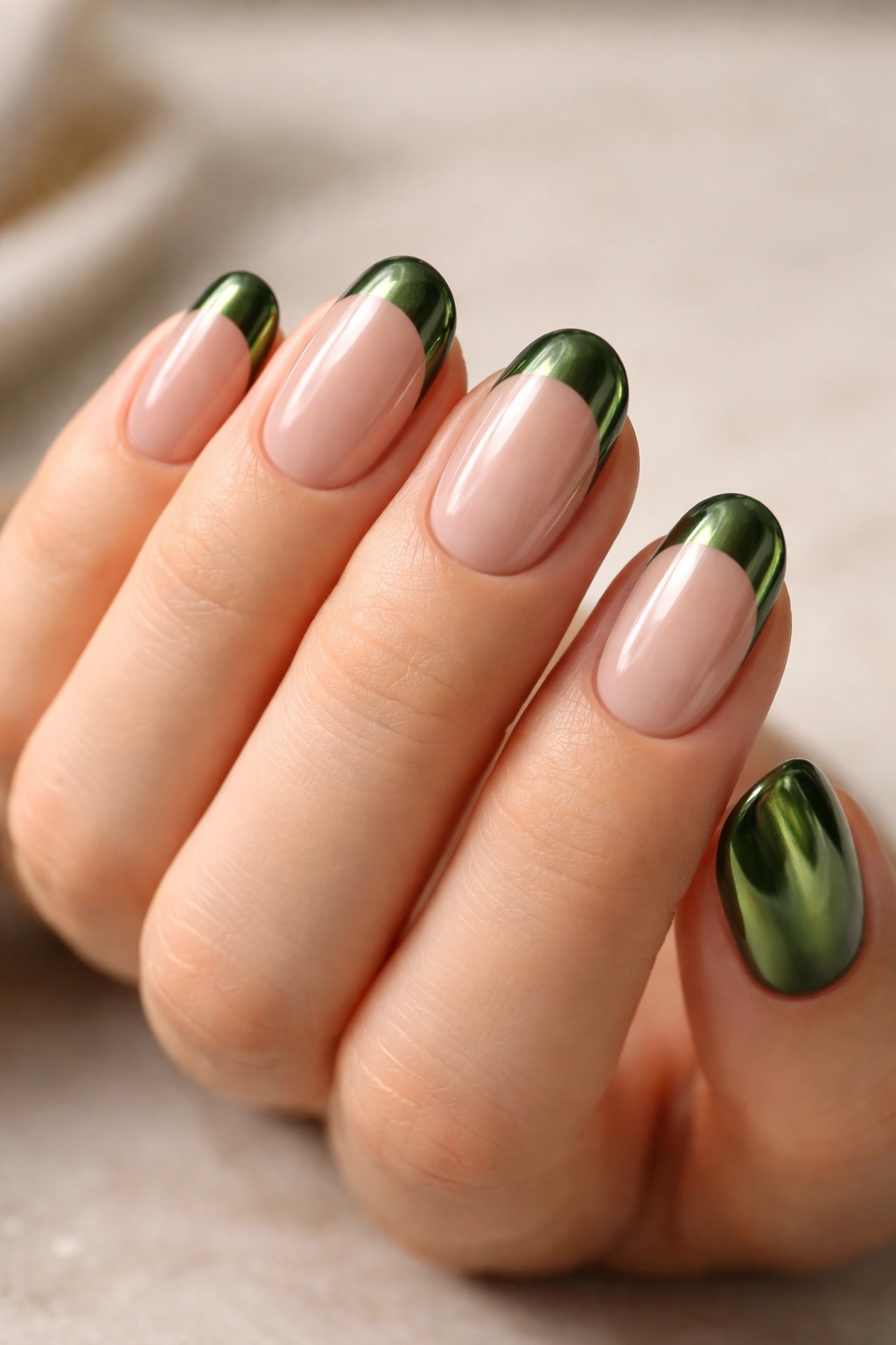 Close-up of short oval nails with green chrome tips on a nude base.