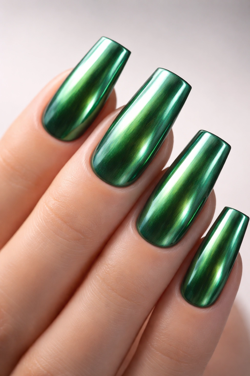 Close-up of green chrome square nails with jade-like metallic finish