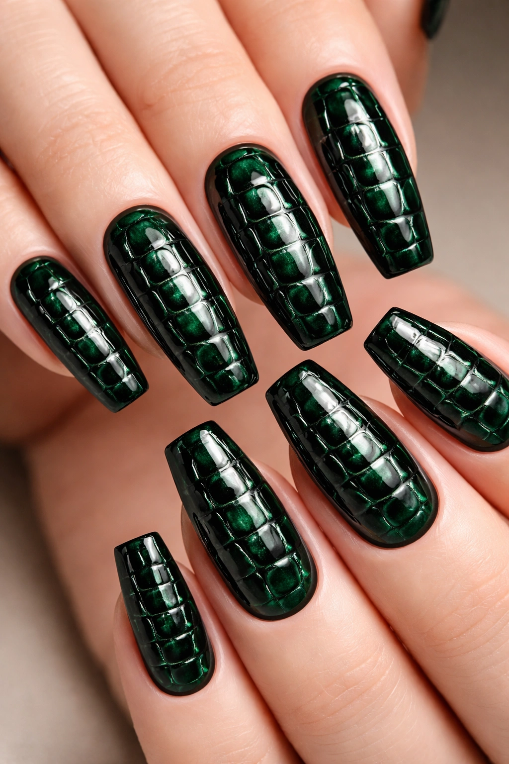 Close-up of classic green and black crocodile texture nails with glossy finish on neutral backdrop