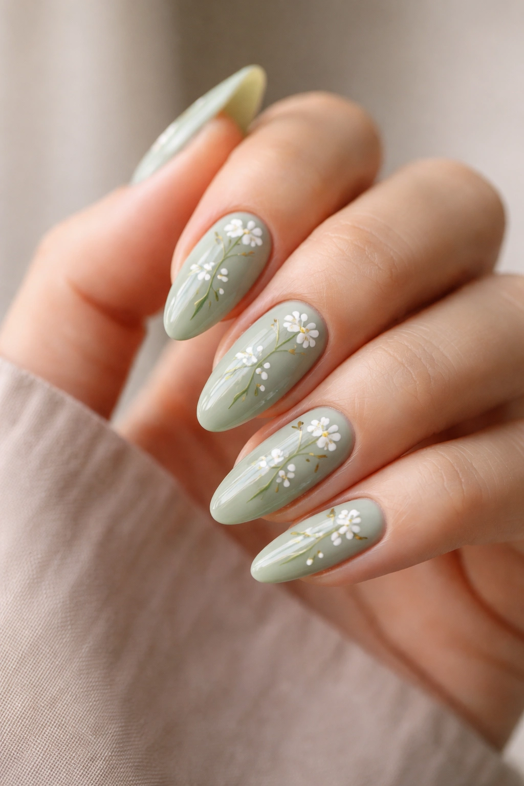 Almond nails with subtle green base and small white flowers