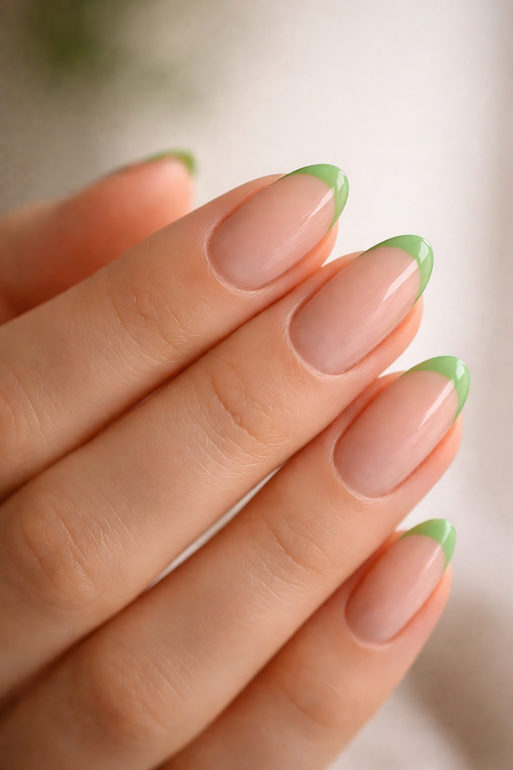 Close-up of green French tips on short almond nails with a bare base.