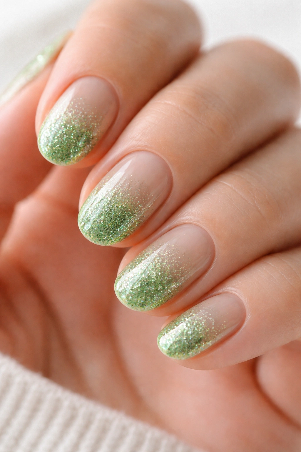 Short oval nails with a subtle green glitter gradient at tips