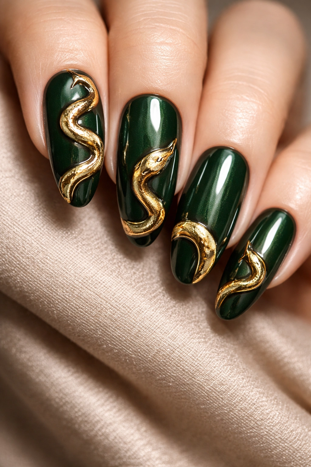 Close-up of deep green nails with a metallic gold coiling snake across the surface.