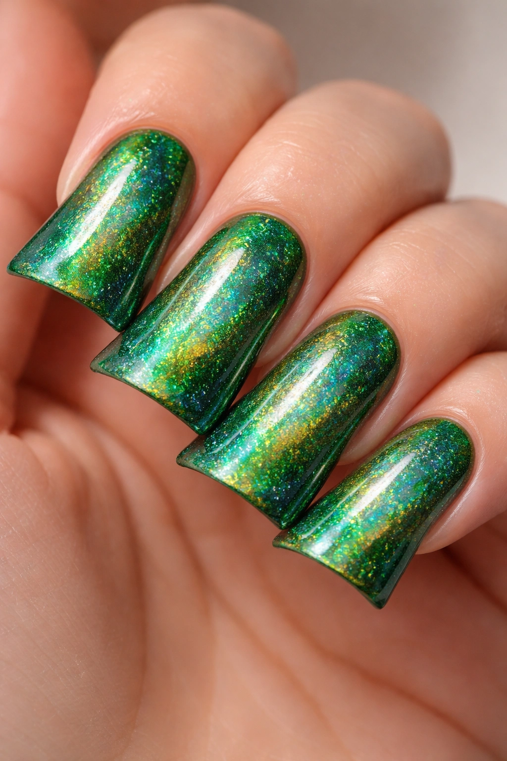Green holographic duck nails with color-shifting sparkle