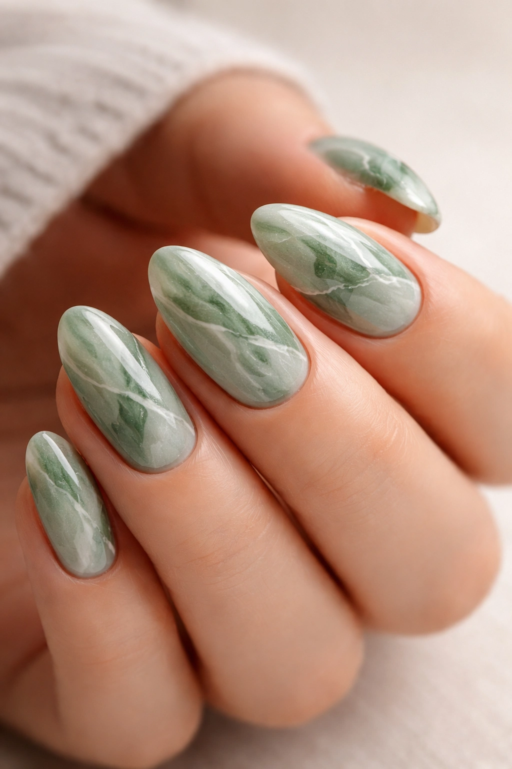 Close-up of green marble nails on short almond shape with subtle veining