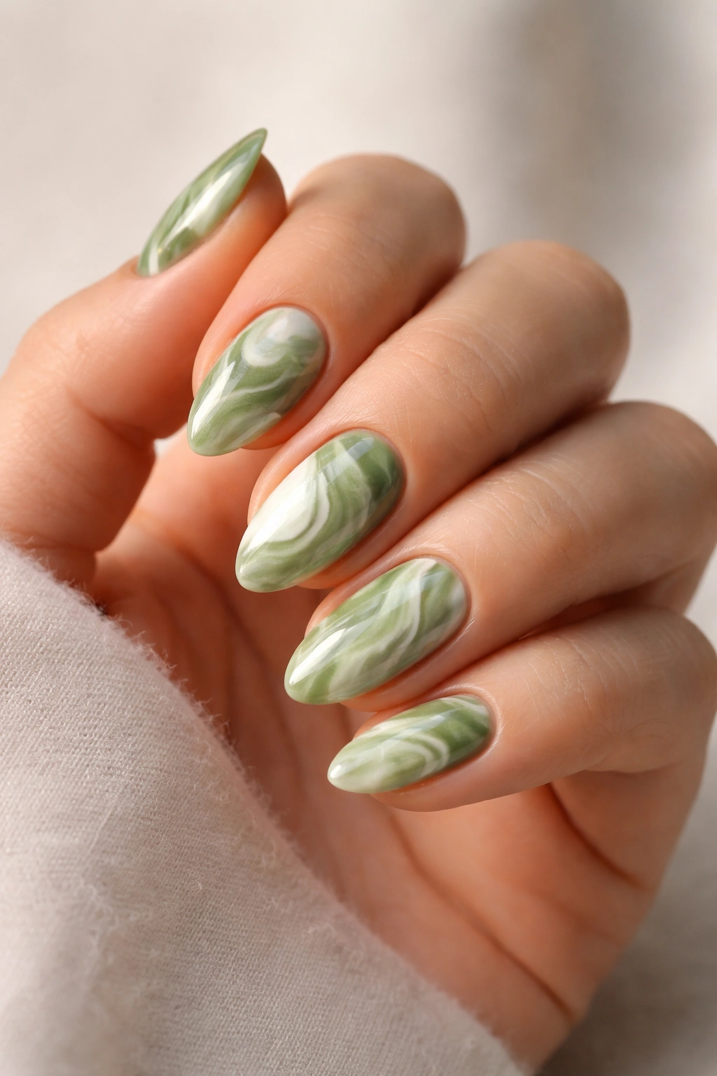 Close-up of short almond nails with green marble swirls