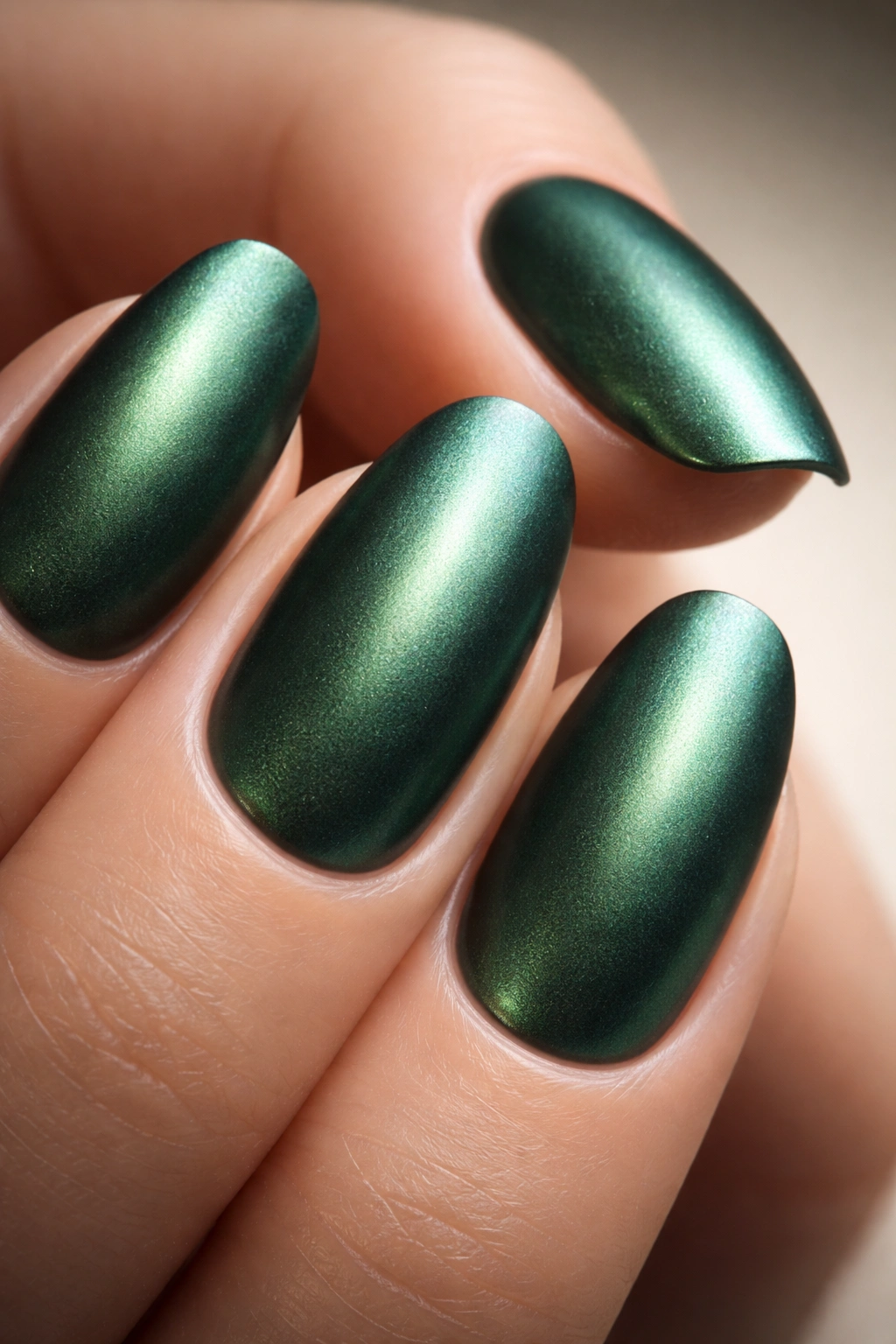 Close-up of green matte chrome nails with satin finish