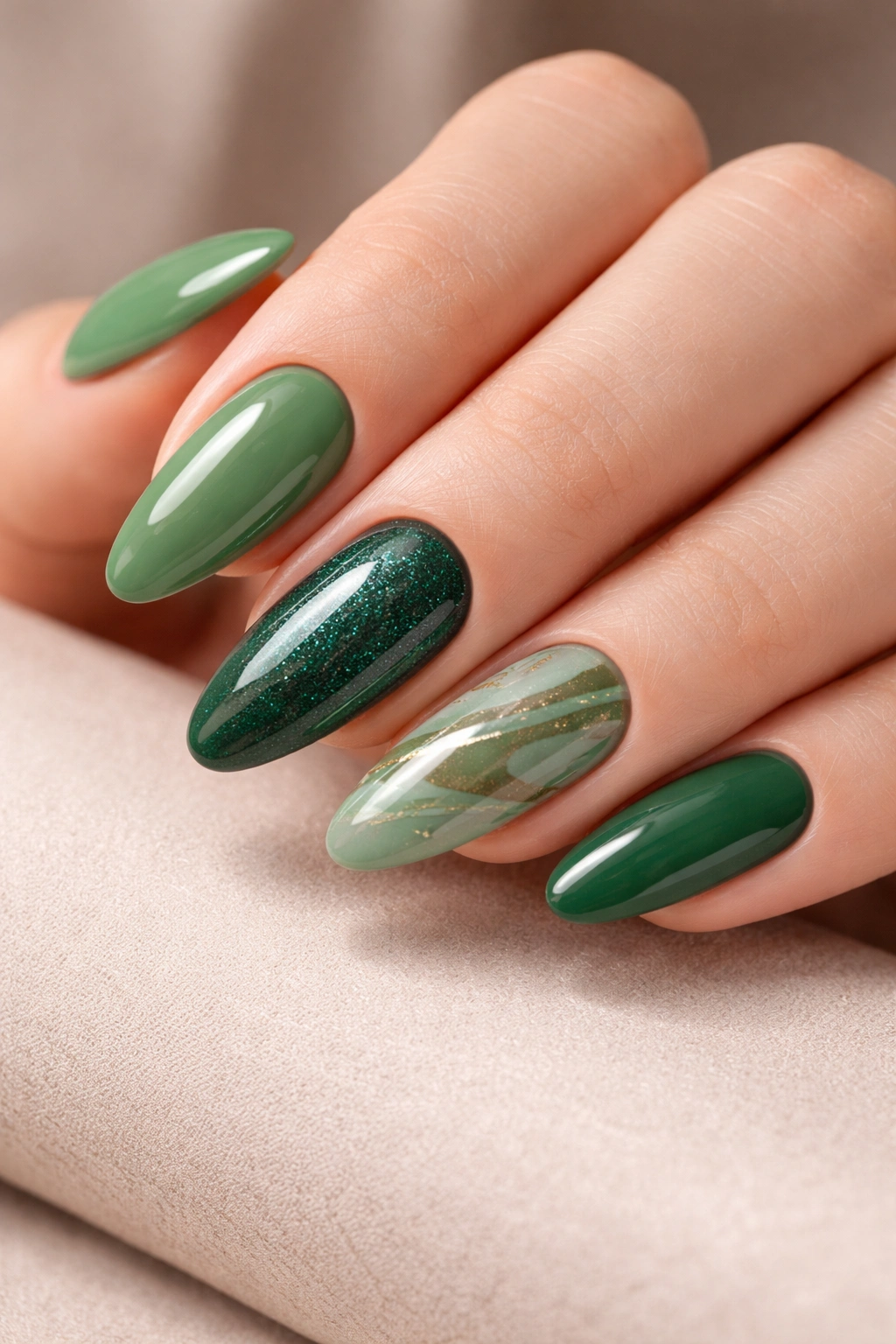Close-up of a hand with glossy green acrylic nails on a neutral surface