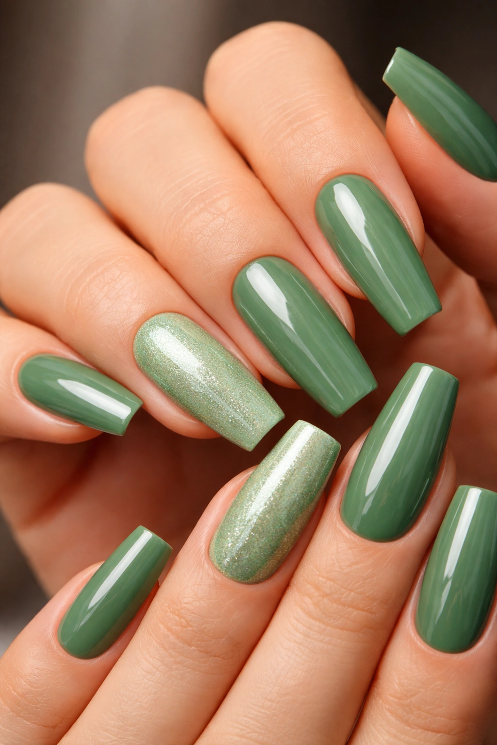 Close-up of green nails with one accent nail on neutral background