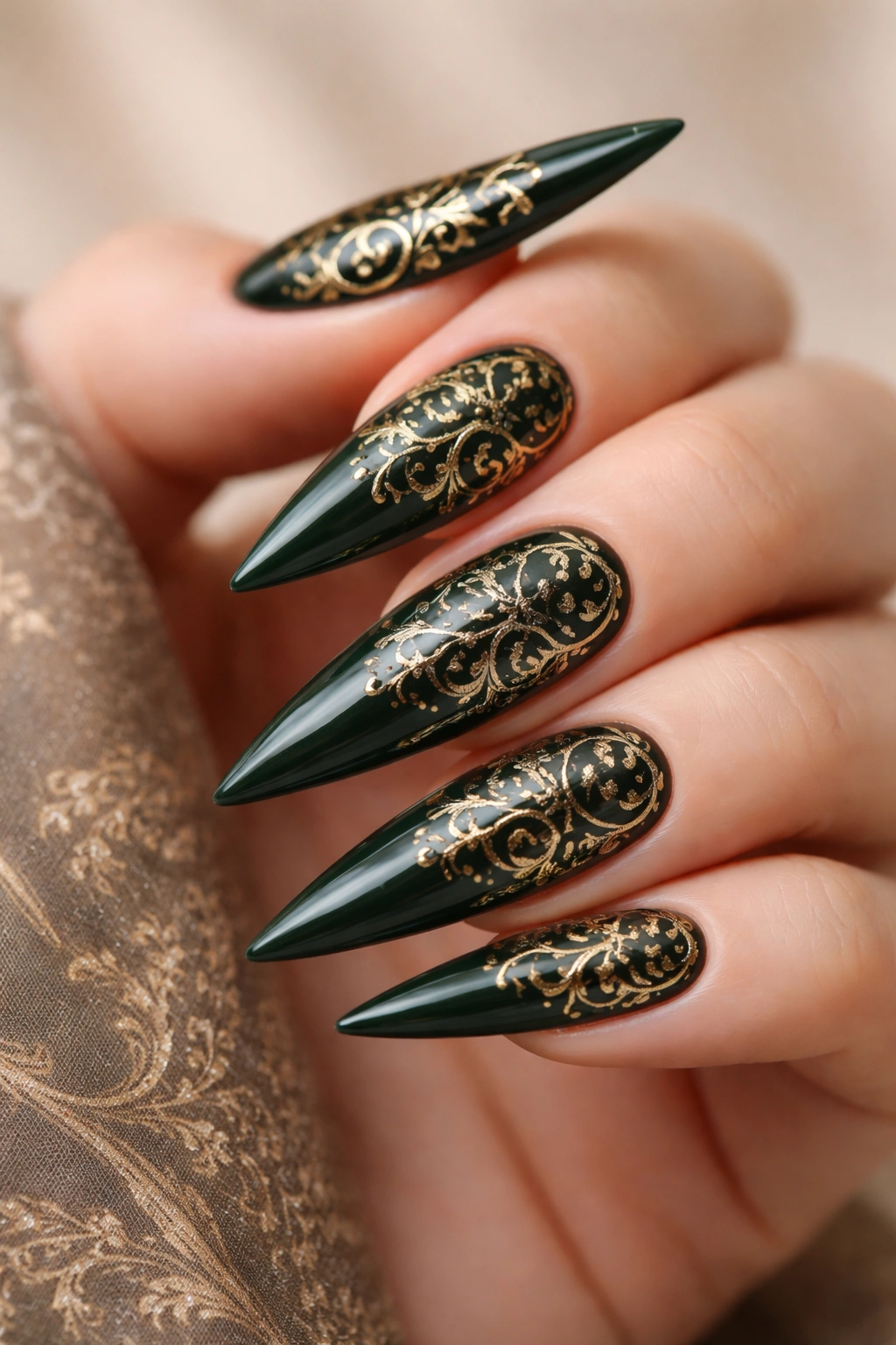 Dark green stiletto nails with vintage gold filigree stamp