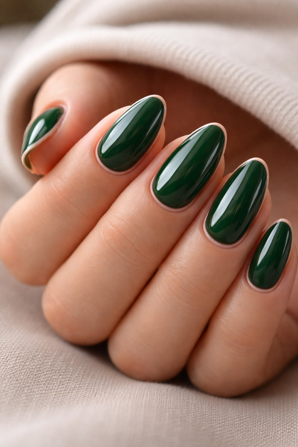Close-up of short almond nails with glossy green polish and thin nude outline