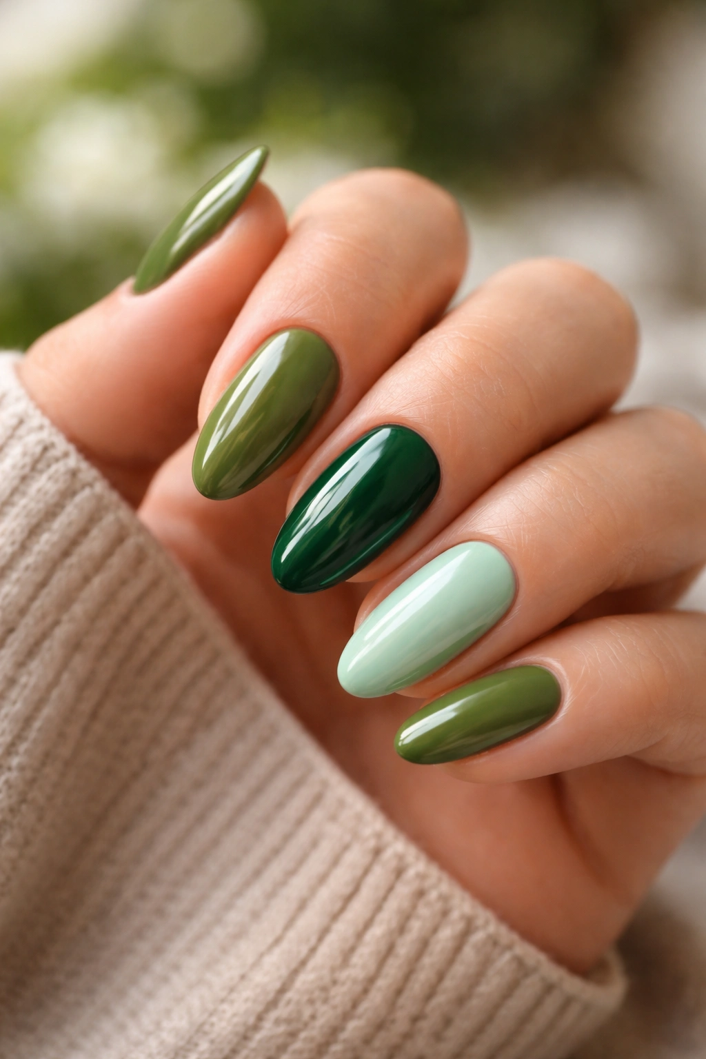 Nails painted in olive, emerald, and mint greens to suit skin tones